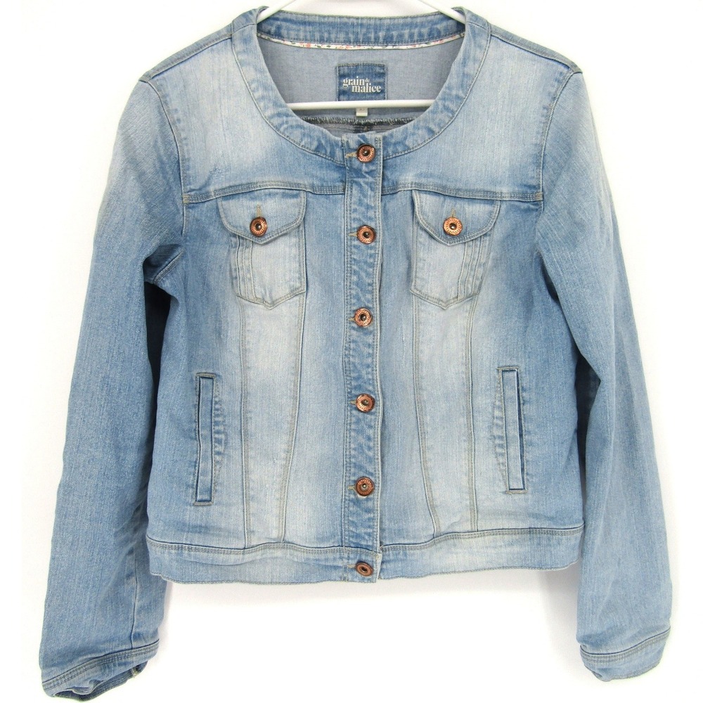 Grain de Malice Denim Jacket Womens Medium Light Blue Collarless Button Up Jean